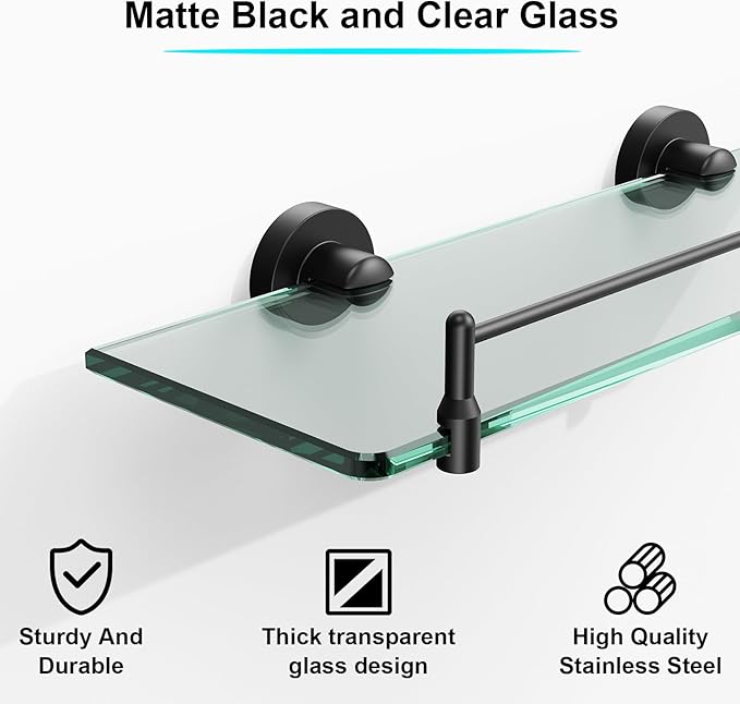 Glass Bathroom Shelves,Matte Black Floating Shelves for Wall Rectangular Modern Stainless Steel Glass Shelf for Bathroom Shelves wall Mounted 16 Inch