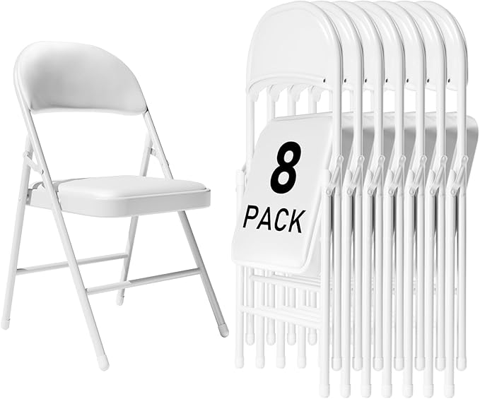 8 Pack White Folding Chairs with Padded Cushion and Back for Outside Portable Stackable Commercial Foldable Chairs with Steel Frame for Events Office Wedding Party, 350lbs Capacity