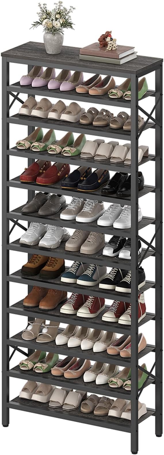 YATINEY 12-Tier Tall Shoe Rack Organizer, Wooden Shoe Storage for Closet Holds 48 Pairs, Sturdy Shoe Shelf with X-Shaped Metal Support, for Entryway, Bedroom, Charcoal and Black SS212BC