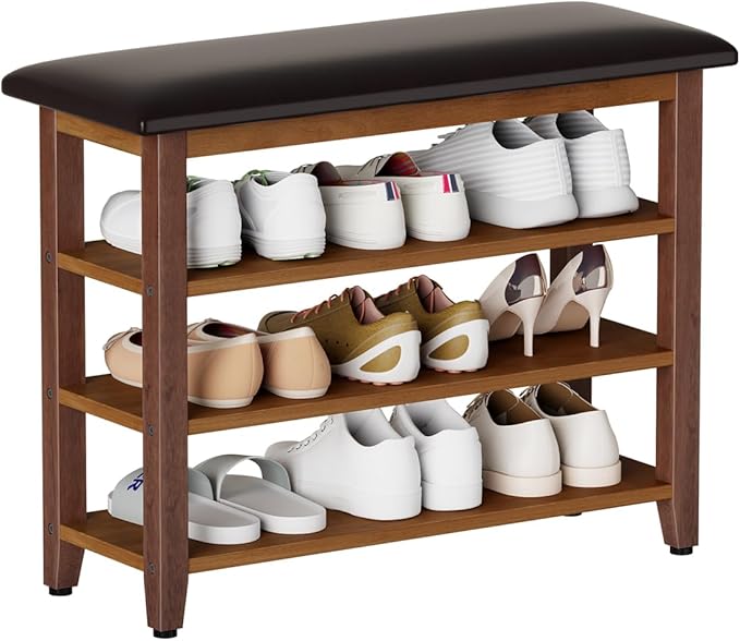 Shoe Bench with Leather Cushion,Wood Bench with Shoe Rack,3-Tier Shoe Storage Organizer for Entryway,Hallway,Living Room (3-Tier-31.5", Rubberwood)