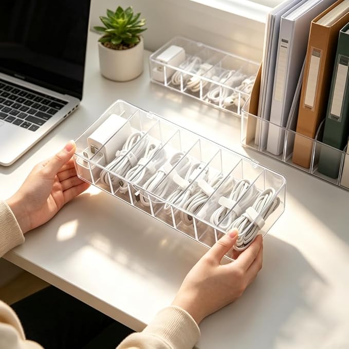4Pcs cord organizer box with Lid, 10.2 x 3.5 x 2.2in, Desktop Cord Organizer with Compartments (4)