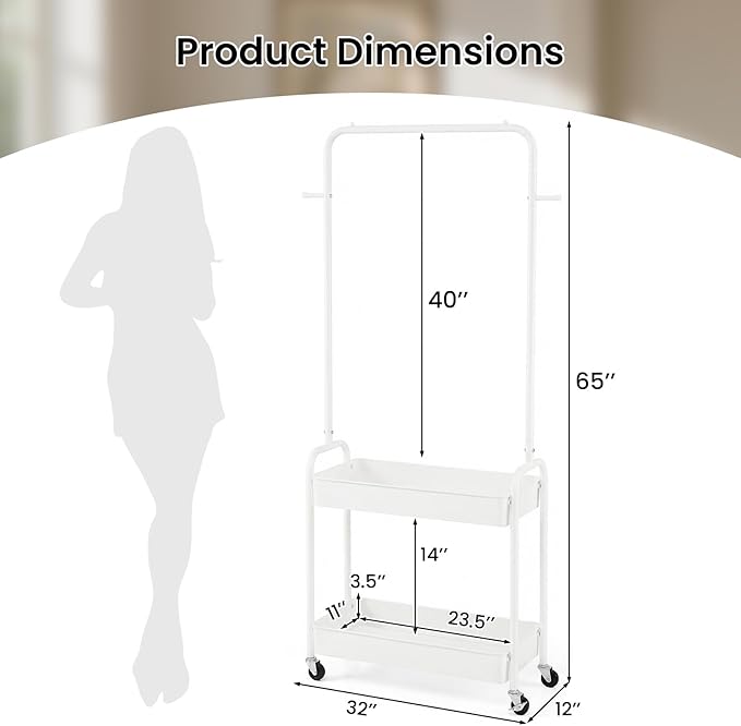 LDAILY Small Rolling Clothes Rack, Heavy Duty Clothing Rack with 2 Baskets, 4 Wheels for Hanging Clothes & Storage, Multi-Purpose Portable Closet for Bedroom, Living Room, Laundry, Small Space (White)