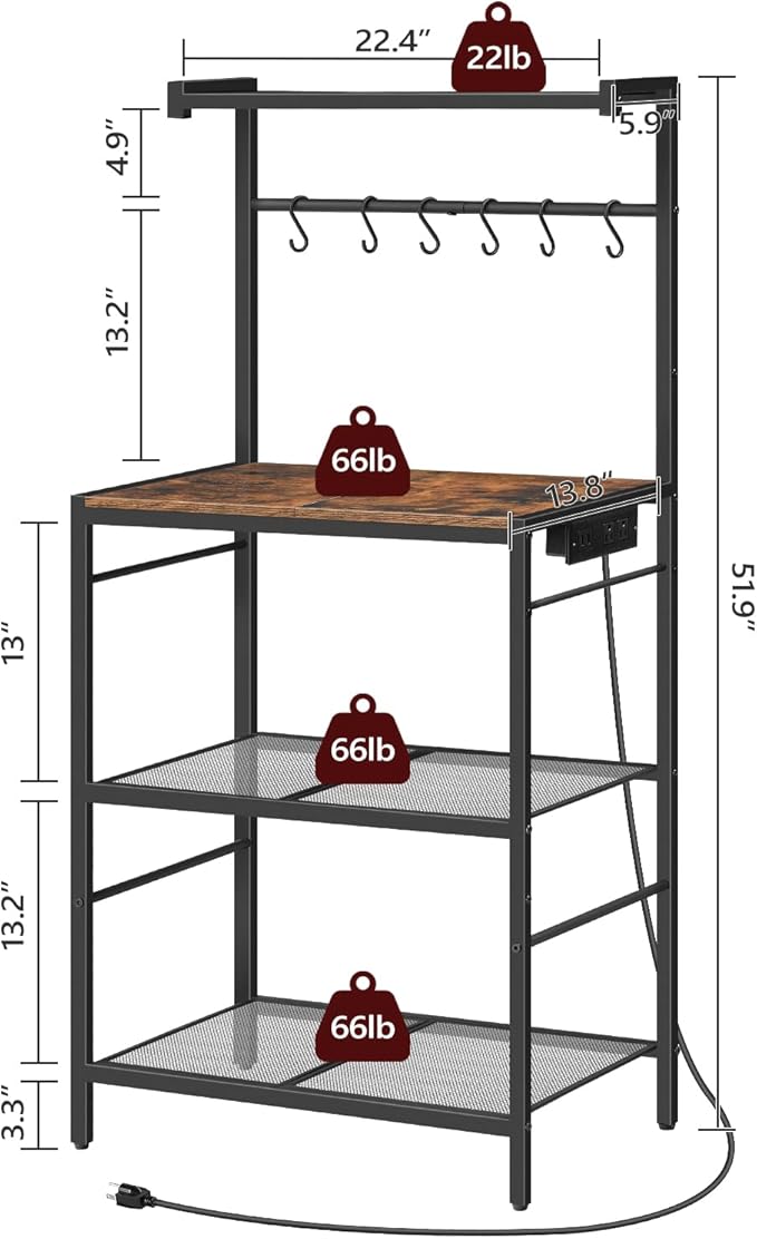 MAHANCRIS Bakers Rack with Power Outlet, Kitchen Storage Shelf with 6 Hooks, Microwave Stand with Storage, 4-Tier Coffee Bar Station, for Kitchen, Dining Room, Rustic Brown BRHR35E01