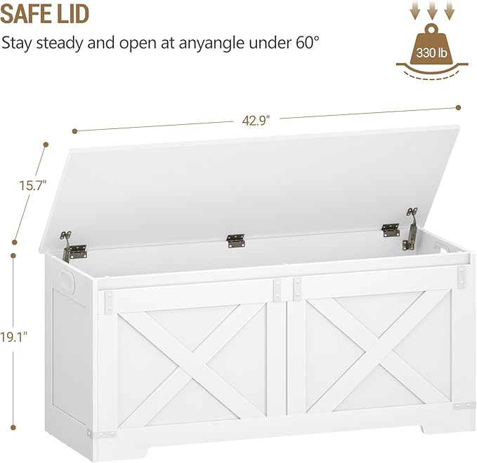 Hzuaneri 42.9" Storage Chest, Large Storage Trunk with 2 Hinges, Farmhouse Wooden Box Bench, Lift-Top Organizer Chest, Entryway Trunk for Bedroom, Living Room, White SB10903X
