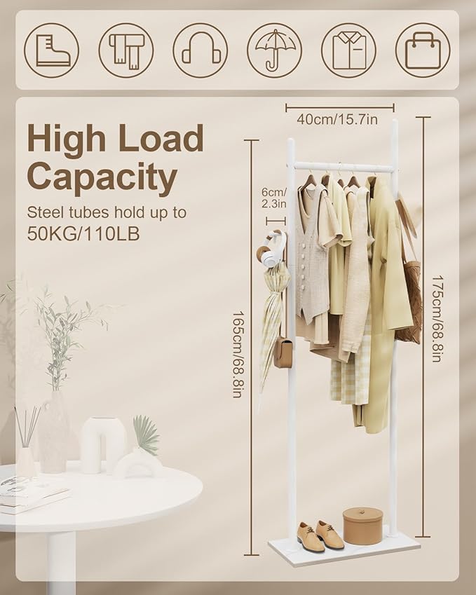 Large Metal Coat Rack Freestanding, Modern Coat Hanger Stand with 2 Hooks and Heavy Rock Slab Base, Industrial Clothes Rack, Garment Rack, 19.7 x 11.8 x 68.9 In, White, GYJ202MW