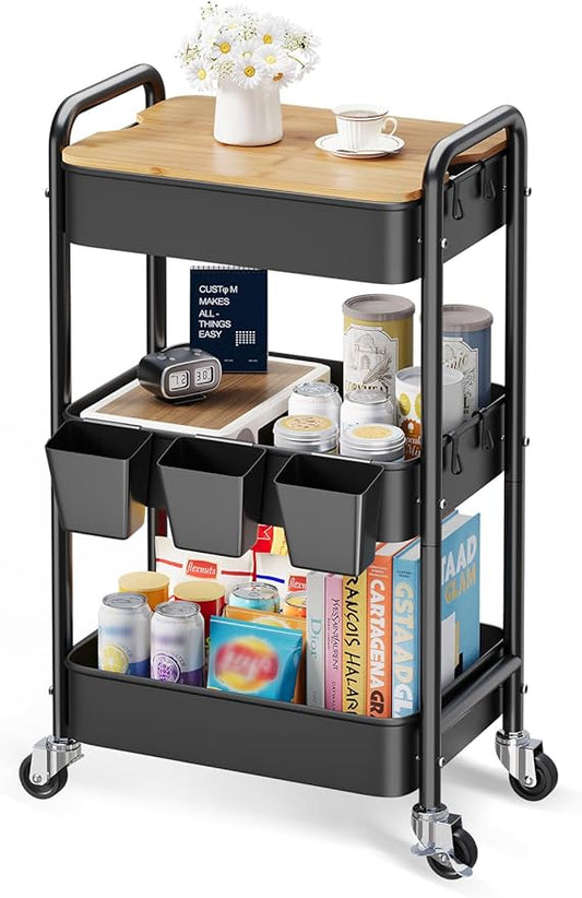 3 Tier Rolling Cart with Wood Table Top, Rolling Cart Table on Lockable Wheels,Rolling Side Table with Storage, Black Utility Carts for Arts and Crafts, Dorm, Medica, Laundry Room, Roller Book Shelf