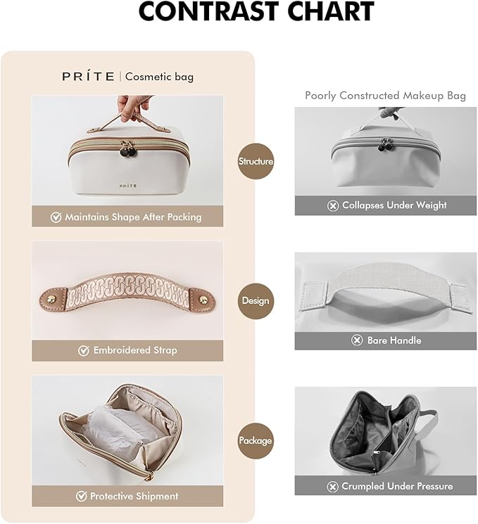 Prite Makeup Bag for Women Travel Waterproof Vegan Leather Cosmetic Bag Open Flat Toiletry Bag With Clear Divider and Handle (Beige, Large)