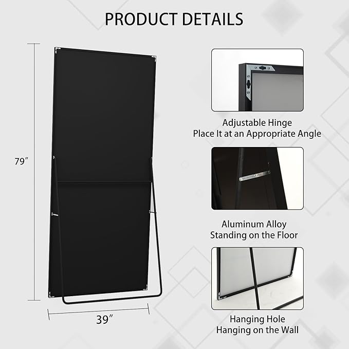 Beauty4U 79" x 39" Full Length Mirror with Stand, Large HD Tempered Glass Floor Mirror, Wall Mounted/Leaning/Standing, Black Metal Frame Full Body Mirror for Bedroom, Living Room, Dressing Room