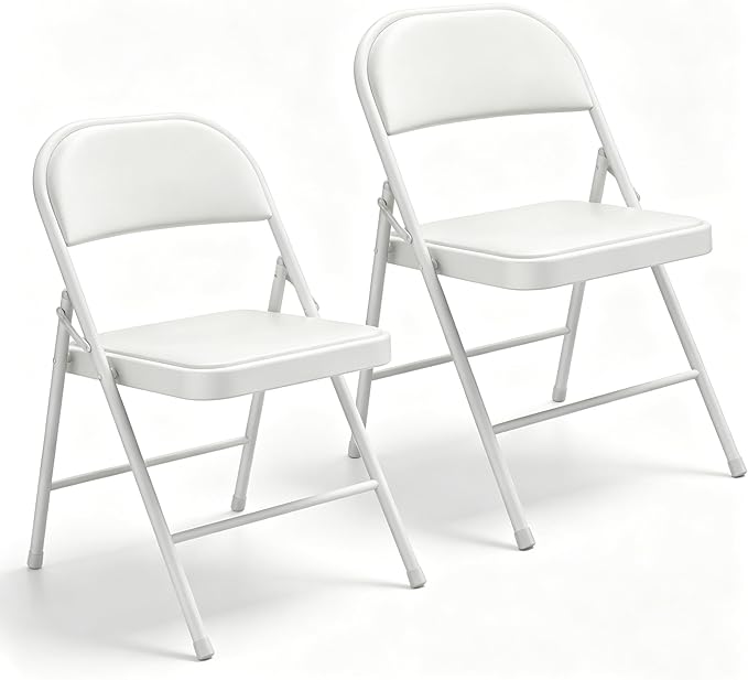 2 Pack Padded Folding Chairs, Portable Metal Foldable Chairs with Cushion, PU Leather Sturdy Indoor Outdoor Seating for Home, Office, Party, White