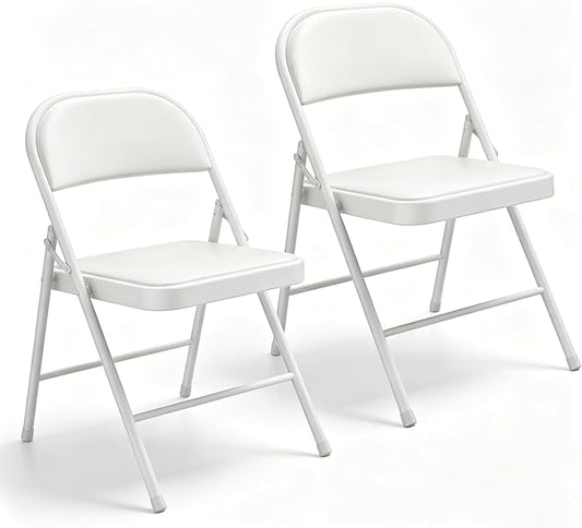 2 Pack Padded Folding Chairs, Portable Metal Foldable Chairs with Cushion, PU Leather Sturdy Indoor Outdoor Seating for Home, Office, Party, White