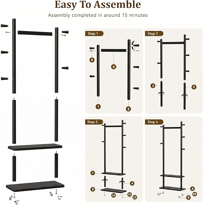 Taitiy Coat Rack Freestanding Clothing Rack with Wheels & 2 Shelves Storage & 5 Hooks Heavy Duty Clothes Rack Wood Coat Tree Stand Hat Hanger Rack for Corner Bedroom Entryway Living Room Hotel Size L