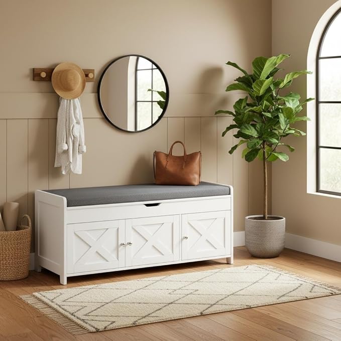 Pipishell Shoe Storage Bench, 2-Tier Shoe Bench with Cushioned Seat, Entryway Bench with Adjustable Shelf & Barn Doors, 300 lbs Capacity, 39.4" x 15" x 18", for Entryway, Bedroom, Living Room, White