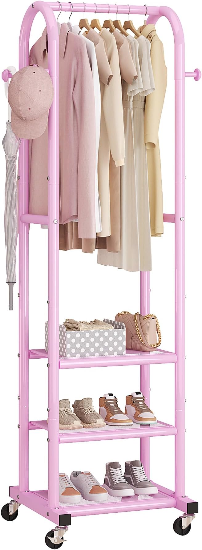 Dttwacoyh Hall Tree with Wheels and Hanging Hooks, Entryway Clothing Rack with Shoe Shelves,Pink Decorative Freestanding Metal Garment Rack Suitable for Hallway,Bedroom and Bathroom – Pink