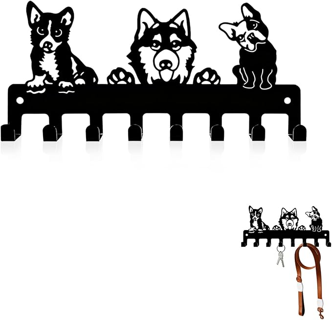 Dog Leash Holder for Wall, Key Holder Wall Mount with 8 Metal Hooks, Key Hooks for Wall, Screw Mounted Rust Resistant Entryway Organizer for Leashes Keys Bags Hats Collars