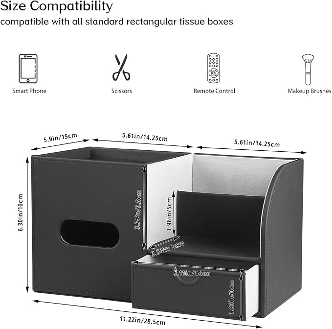 PU Leather Square Tissue Box Cover with Tray and Organizer, Multi-Function Remote Control Tissue Holder for Vanity, Nightstand, Bathroom, Home and Office