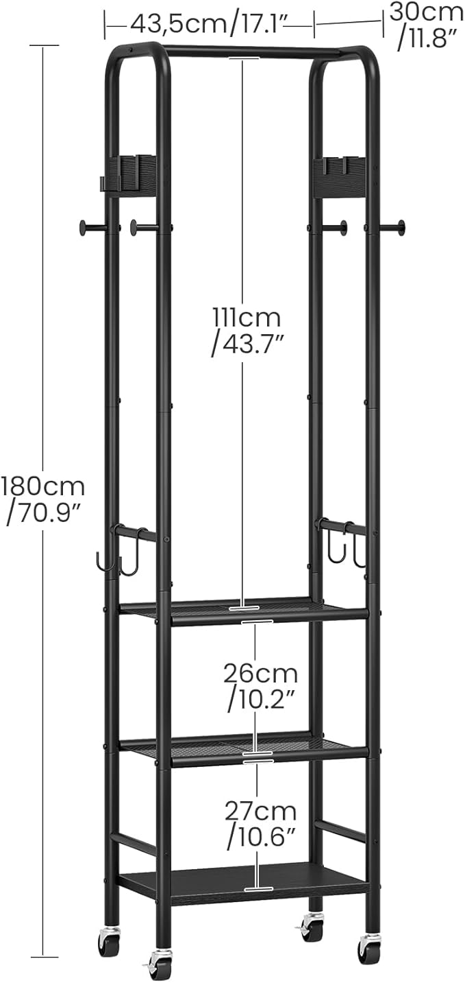 CHOEZON Coat Rack, Freestanding Coat Rack with 3 Shelves, Rolling Garment Rack with Wheels and Hooks, Coat Hanger Stand, Clothes Rack, Hanging Rod, for Entryway, Bedroom, Living Room, Black TYM17BB