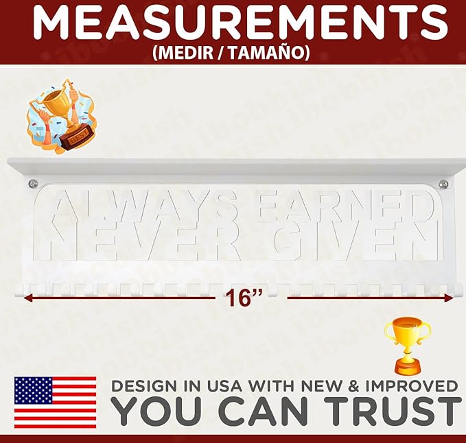 iBobbish Metal Medal Hanger Display,Non-Slip Trophy Shelf with 20 Hooks,Wall Mount,Heavy Duty,Non-Bent,Holds 22-33lbs,for Gymnastics,Race,Soccer,Swim