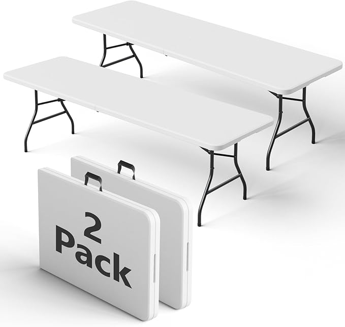 Folding Table 2 Pack, 8FT Folding Table Portable with Built-in Handle, Heavy Duty Plastic Table with Steel Legs Supports to 300lbs, Suitable for Party, Camping, Events Indoor&Outdoor Use, White