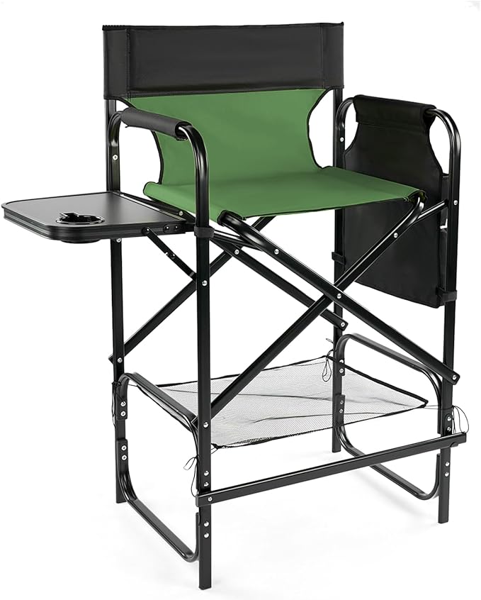 Outvita 31" Tall Directors Chair Height Seat Folding with Side Table Storage Bag, Support for 300Lbs Portable Makeup Artist Chair with Bar Height(Dark Green/Black)