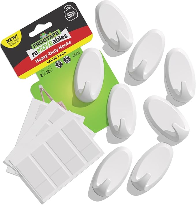FrogTape reMOVEables Heavy Duty Wall Hooks - 8 Hooks and 12 Strips - Holds up to 3 lbs - No Damage - Easy to Remove & Reuse - Medium Wall Hook with Adhesive Strips - White (Pack of 8)