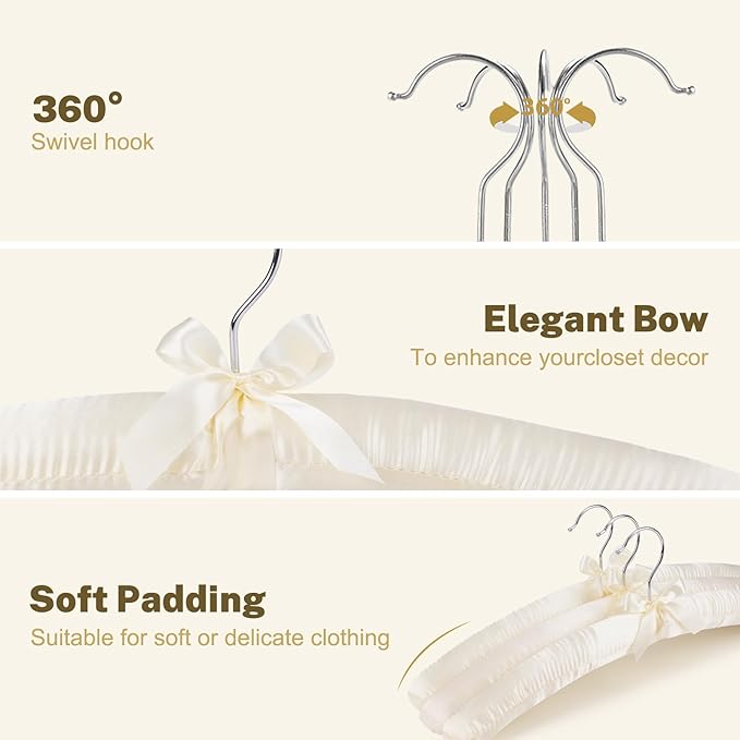 HOUSE DAY 17 Inch Satin Padded Hangers for Women, 4 Pack Heavy Duty Silk Hangers with Swivel Hooks, No Shoulder Bump Thick Foam Hangers for Sweater, Wedding Dress, Coat & Delicate Cashmere - Beige