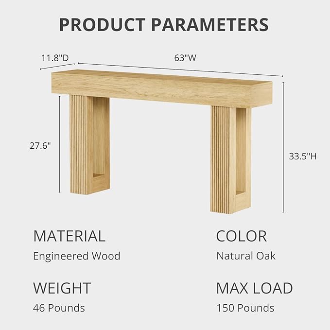 63" L x 33" H x 12" D Fluted Console Table, Modern Japandi Ribbed Entryway Table, Extra Long Sofa Table Behind Couch, Chunky Wood Hallway Table for Living Room, Oak Natural