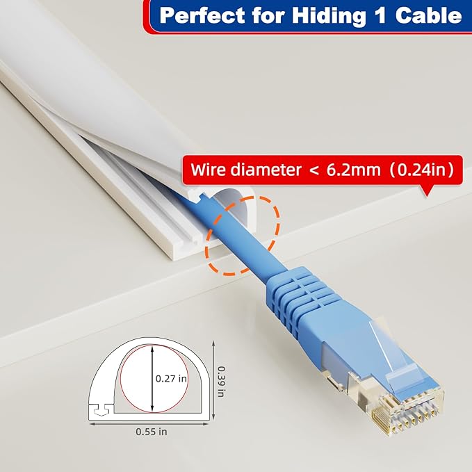 118" Side Buckle Cable Hider for 1 Cords,Extension Cord Covers for Wires On Wall,Adhesive Cord Hider for Wall Mount Tv, Wire Channel for Cable Concealer,Cable Raceway Home & Office,White