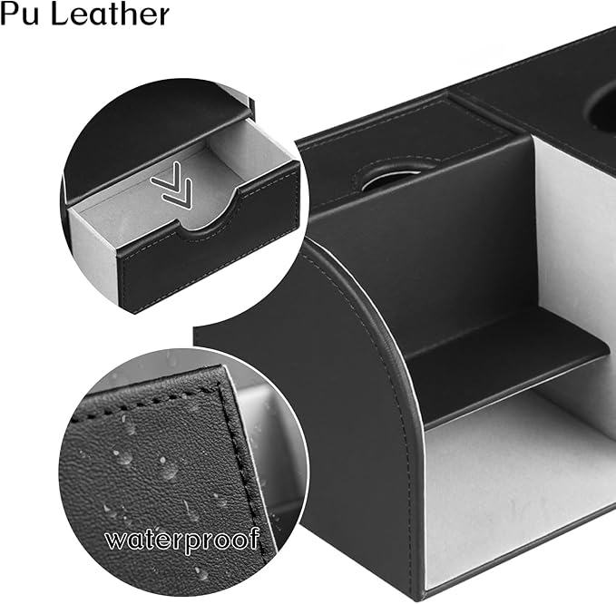 PU Leather Square Tissue Box Cover with Tray and Organizer, Multi-Function Remote Control Tissue Holder for Vanity, Nightstand, Bathroom, Home and Office