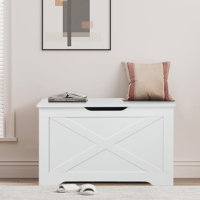 Timberer Storage Chest, Wooden Storage Bench, Entryway Shoes Bench with 2 Safety Hinges, Retro Storage Trunk for Living Room, Bedroom, 15.7 x 31.5 x 18.9 Inches, White