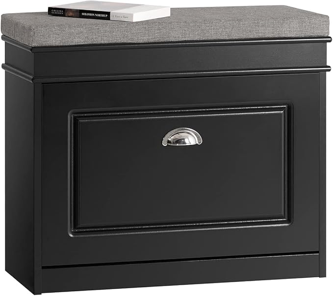 Haotian Black Hallway Shoe Bench, Narrow Shoe Rack Entryway, Small Shoe Cabinet with Flip-Drawer and Seat Cushion, FSR82-K-SCH