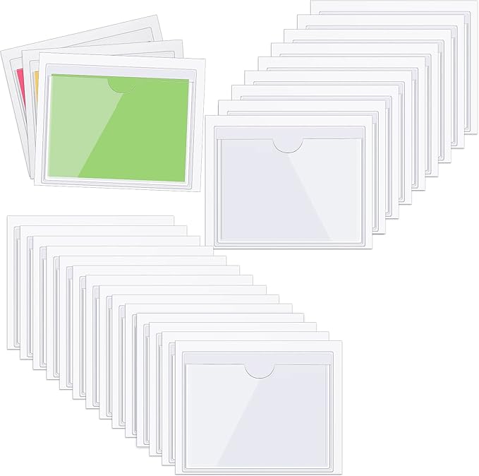Outus 200 Pack 3.1 x 3.9 Inch Self Adhesive Label Pockets Bulk Plastic Labels Holders for Storage Bins Clear Classroom Nameplate Sleeves Index Card Tote Photos Waterproof Protect Office