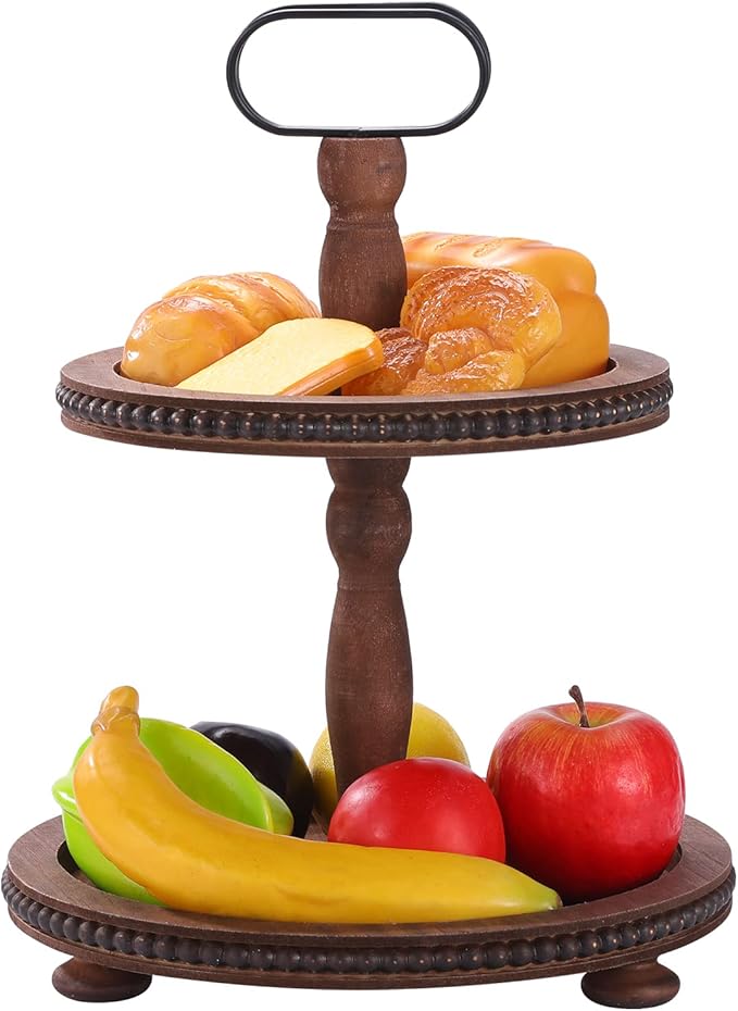 Urban Deco Wooden Decorative Tray Two Tiered Tray Decorations Round Serving Tray with Metal Handle, Wooden Cupcake Stand for Party Tiered Dessert Stand - Dark Brown Farmhouse Wood Tray