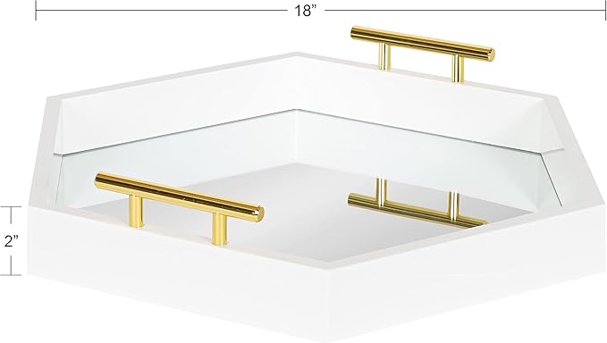 Kate and Laurel Lipton Modern Hexagon Mirrored Tray; 18 x 18; White and Gold; Midcentury Decorative Serving Tray for Storage and Display