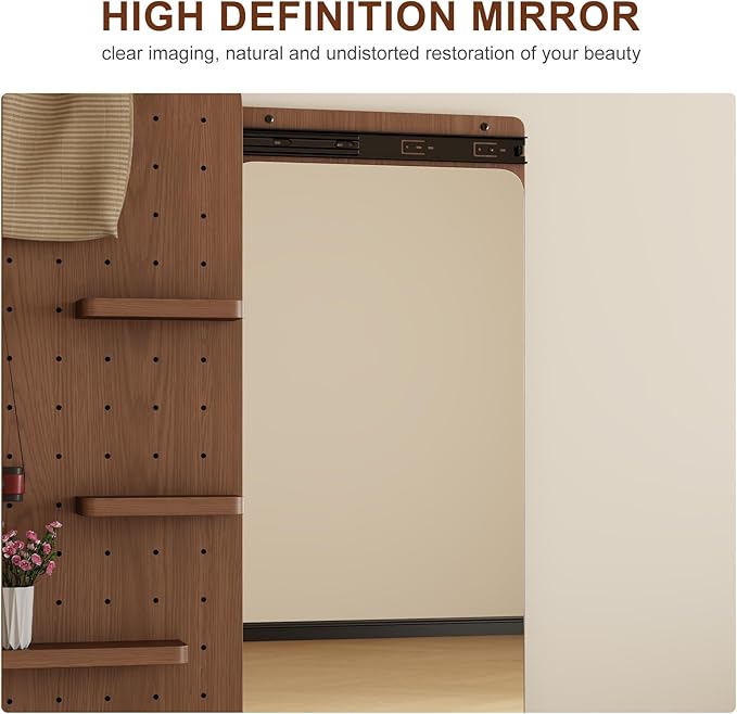 KungFuWood Full Length Mirror with Shelf and Hooks,Entry Way Mirrors for Wall,Wall Mirror with Shelf,Wall Mirror with Storage Multifunctional Design Panel,Living Room (Deep Walnut, 52.4" L x 19" W)