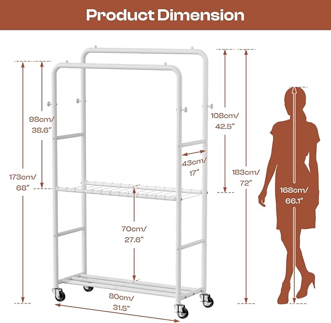 Clothes Rack - 4-Bar Double Rod Clothing Rack with 15 Pants Racks - Rolling Clothes Rack with Shelves - Portable Garment Rack for Bedroom Laundry Room Closet - White