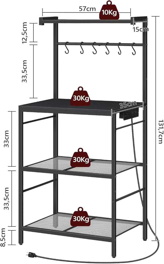 MAHANCRIS Bakers Rack with Power Outlet, Kitchen Storage Shelf with 6 Hooks, Microwave Stand with Storage, 4-Tier Coffee Bar Station, for Kitchen, Dining Room, Black BRBK35E01