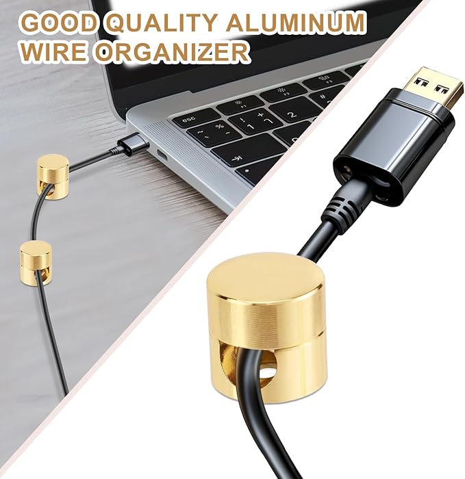 3pcs Gold Cable Anchors, Metal Phone Charger Cord Holders Cable Management Clips Multi-Function Aluminum Wire Organizer for Home Office Desktop Wall Nightstand