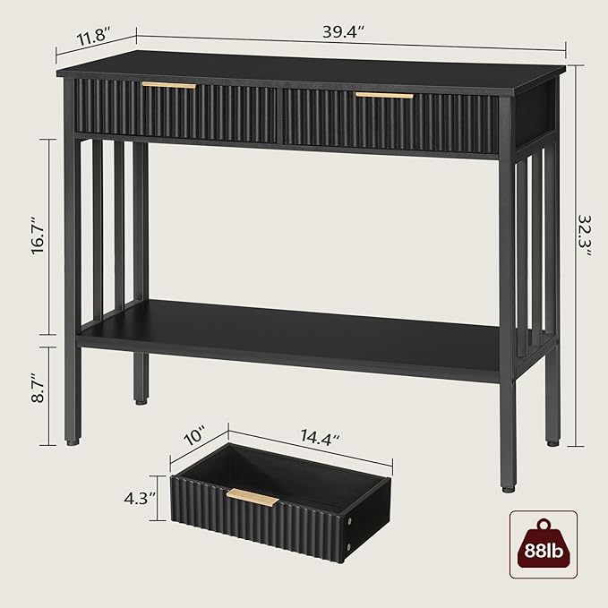 MAHANCRIS Console Table with 2 Drawers, Narrow Long Entry Table with Storage Shelf, 2-Tier Fluted Entryway Table with 2 Drawers, for Entryway, Living Room, Foyer, Hallway, Office, Black CTHB5101
