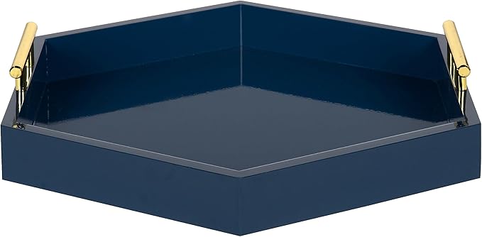 Kate and Laurel Lipton Hexagon Decorative Tray with Polished Metal Handles, Navy Blue and Gold