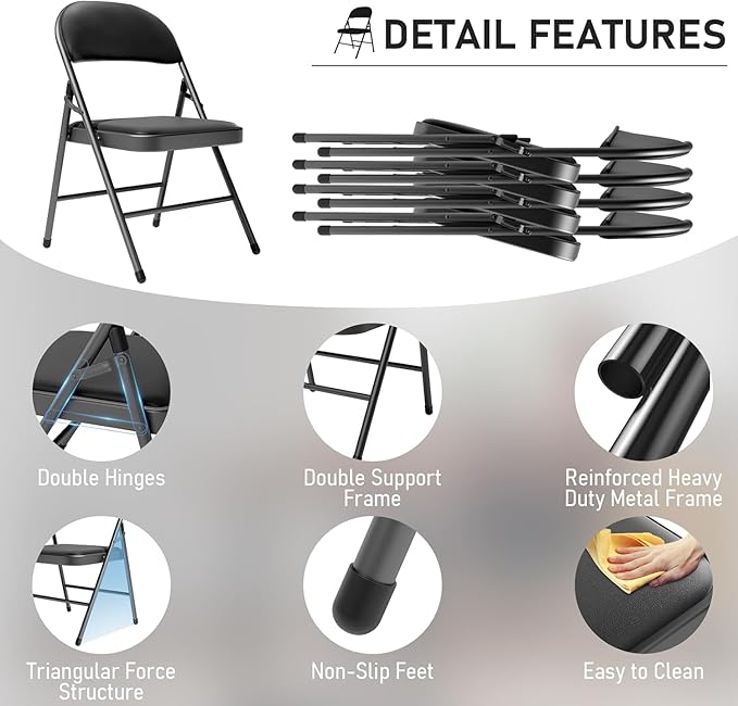 10 Pack Folding Chairs with Padded Seats, Metal Frame with Pu Leather Seat & Back, Capacity 350 lbs, Black