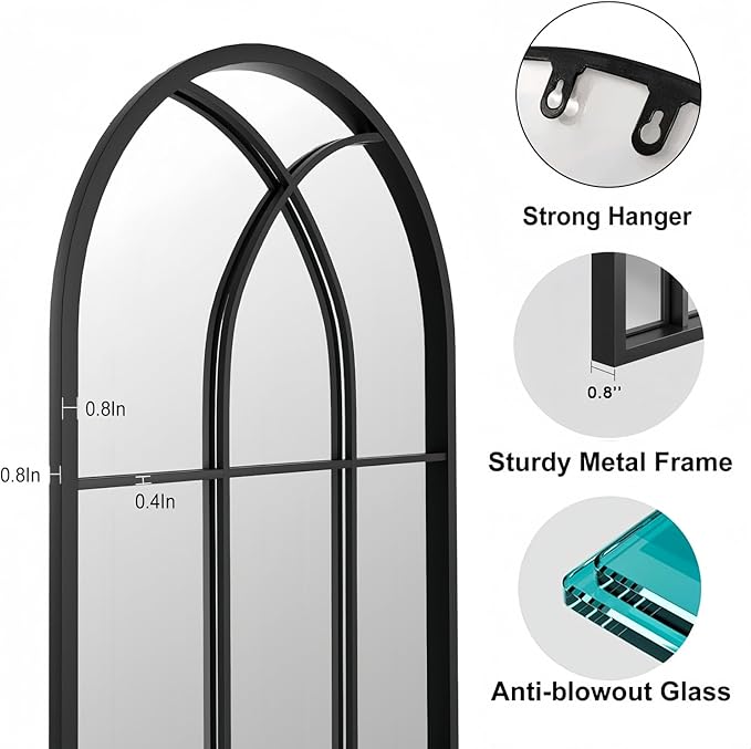 Dewfig 71"x32" Arched Window pane Full Length Mirror, Wall Mirror, Floor Standing Mirrors, Farmhouse Long Full Body Mirrors Wall Mounted for Living Room, Bedroom, Entryway, Fireplace, Black