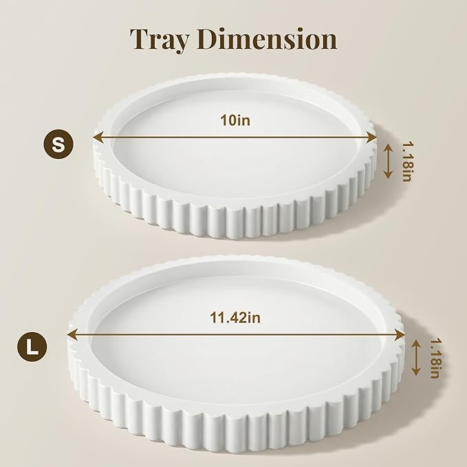 Decorative Tray for Coffee Table, Modern Minimalist Wooden Round Decor Tray for Kitchen, Living Room, Home Decor, Tv Stand, Bathroom Sink, Entryway, White Color, Set of 2
