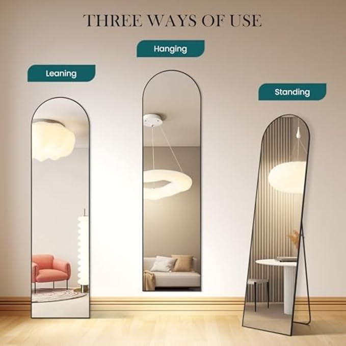 NEWBULIG 59"x16" Arched Full Length Mirror, Full Body Floor Mirror with Aluminum Alloy Thin Frame, Wall or Standing Mirror for Bedroom, Living Room, Dressing Room, Black-Arched