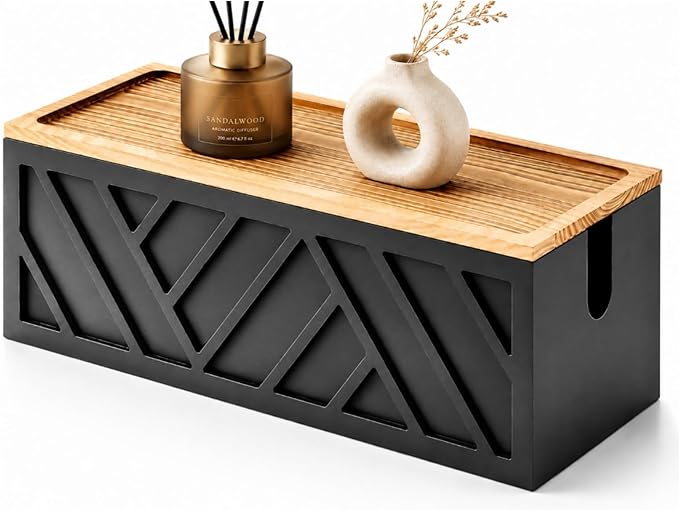 Chunful Large Cable Management Box, Wooden Cord Organizer Box for Desk, Floor, Office to Hide Extension Cords Power Stripes Surge Protectors Chargers Wires, Black, 15" L x 6.1" W x 5.3" H