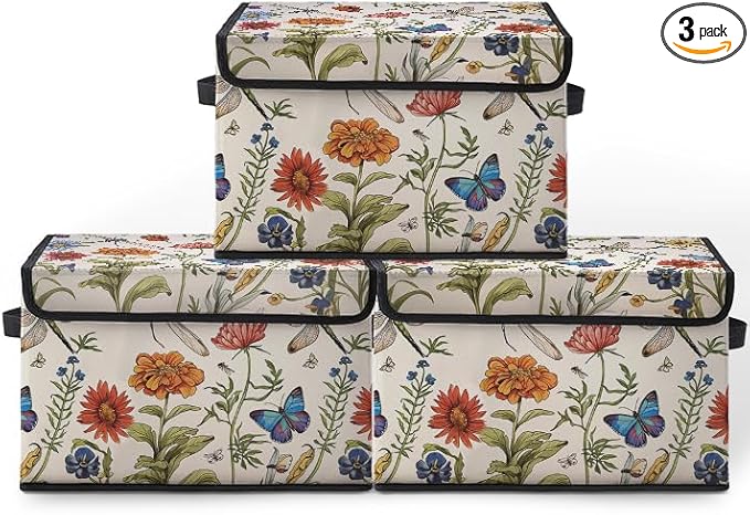 Stackable Clothes Storage Bins with Lids,Closet Organizers Fabric Cat Printing Box for Home and Office,Blanket Clothes Organizers,Under Bed Storage Containers 3 Pack.