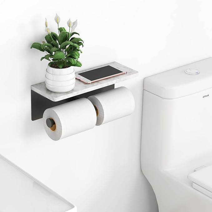 Gypie Toilet Paper Holder with Shelf, New Upgrade Double Toilet Paper Holder with Storage, Marble Roll Toilet Paper Wall Mount for Bathroom Washroom(Black)