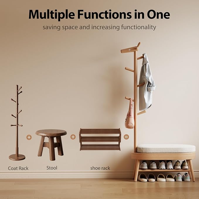 AQIMUELE Entryway Shoe Rack with Coat Rack, Wooden Shoe Bench with Upholstered Cushion, 3-in-1, 2-Tier Shoe Storage and Cute Animal Hooks for Entryway, Hallway, Closet (Natural 32.2")