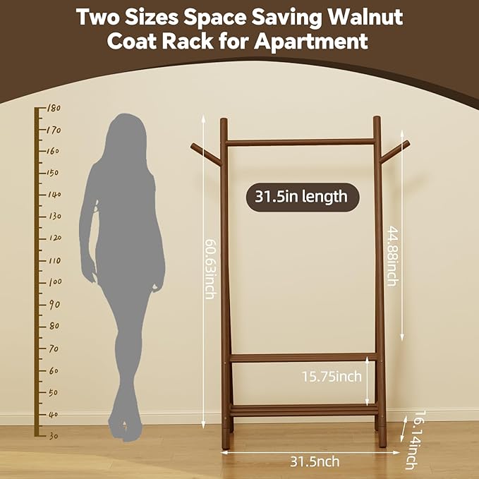 Solid Wood Clothes Rack with 2 Shelves & Hooks, Freestanding Garment Rack & Coat Rack Load 350 Lbs for Hanging Clothes & Organizer, Simple and Practical for Entryway Bedroom Living Room 39.5W