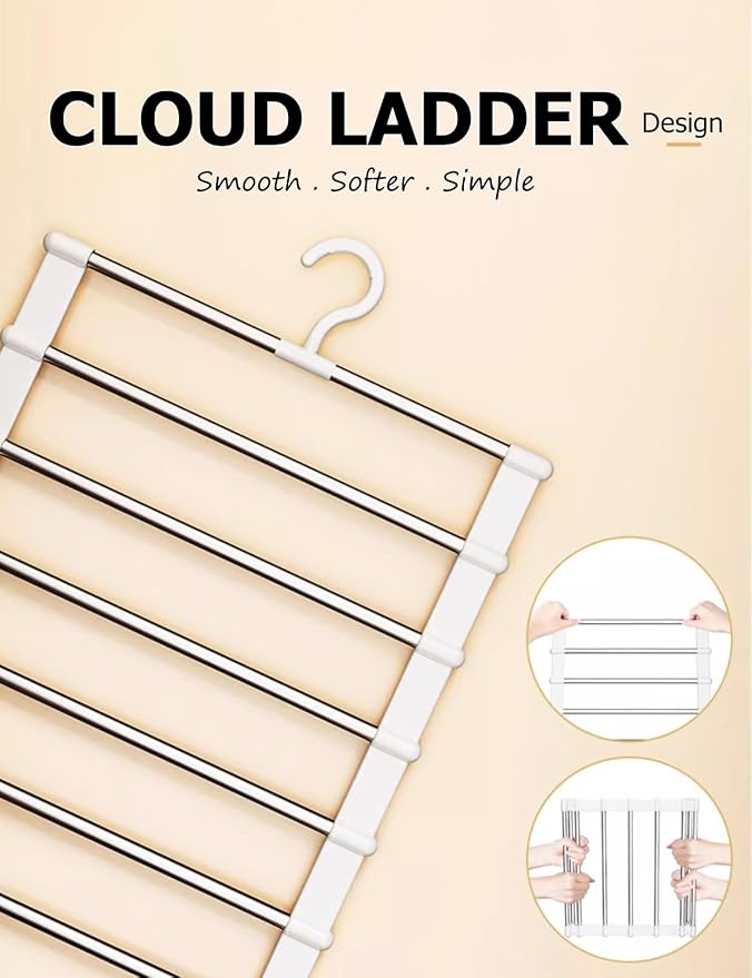 SEVEN LUCKY LIGHT 6 Tier Vertical Pants Hangers Space Saving Set of 2, Cloud Ladder Design Holds 12+ Pants, Leggings Organizers for Apartment & Small Wardrobe Storage, Dorm Room Essentials