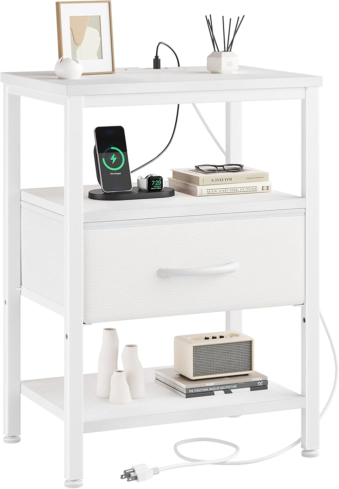DUMOS Bedside Table with Charging Station and an Adjustable Fabric Drawer, and it is a Compact Nightstand, as Well as a 3-Tier Storage Organizer and an End Table for Bedroom, White